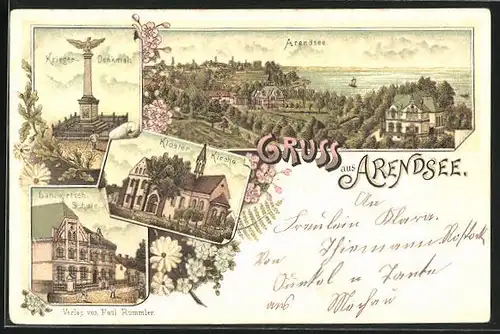Lithographie Arendsee, Krieger-Denkmal, Kloster Kirche, Landwirtschaftliche Schule