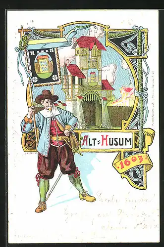 Lithographie Husum, Festpostkarte zum 300-Jährigen Stadtrecht-Jubiläum, Stadtwächter mit Stadtwappen