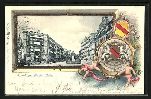 Passepartout-Lithographie Baden-Baden, Leopoldsplatz mit Hotel Victoria und Denkmal, Wappen