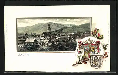 Passepartout-Lithographie Ilmenau, Teilansicht mit Kirche, Wappen