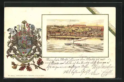 Passepartout-Lithographie Pirna a. E., Teilansicht mit Dampfer, Wappen