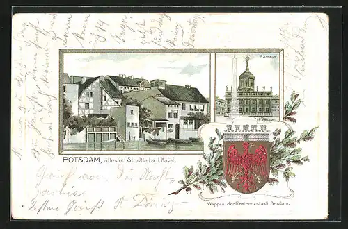 Passepartout-Lithographie Potsdam a. d. Havel, Ortspartie, Rathaus, Wappen