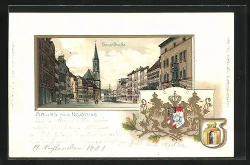 Passepartout-Lithographie Neuötting, Hauptstrasse mit Kirche und Brunnen, Wappen