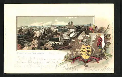 Passepartout-Lithographie Oehringen, Teilansicht, Wappen