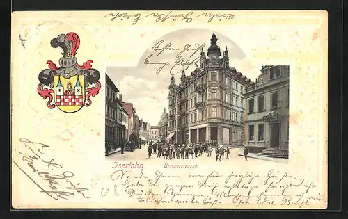 Passepartout-Lithographie Iserlohn, Unnaerstrasse mit Hirsch-Apotheke, Wappen