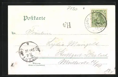 Lithographie Mühlacker, Teilansicht, Dürrmenz, Ruine Löffelstelz