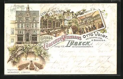 Lithographie Lübeck, Gasthaus Weinhaus & Weinhandlung Otto Voigt & Bodega, Innenansichten