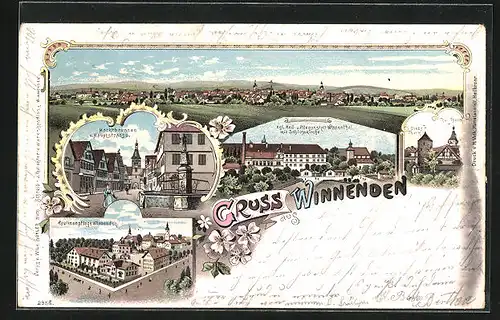 Lithographie Winnenden, Marktbrunnen u. Hauptstrasse, Kgl. Heil. u. Pflegeanstalt Winnenthal mit Schlosskirche