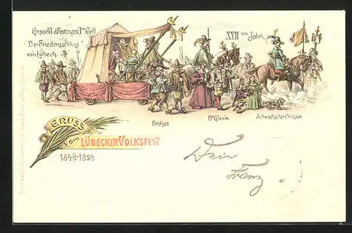 Lithographie Lübeck, Lübecker Volksfest, 1848-1898, Gruppe VI. d. Festzuges, Der Friedensschluss von Lübeck