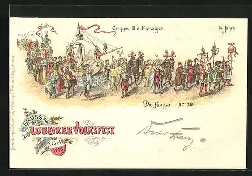 Lithographie Lübeck, Lübecker Volksfest 1848-1898, Gruppe III d. Festzuges, 14. Jahrh., Die Hansa