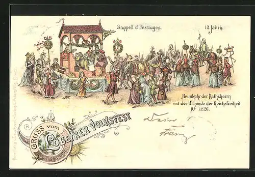 Lithographie Lübeck, Lübecker Volksfest 1848-1898, Gruppe II d. Festzuges 13. Jahrh., Heimkehr der Ratsherren