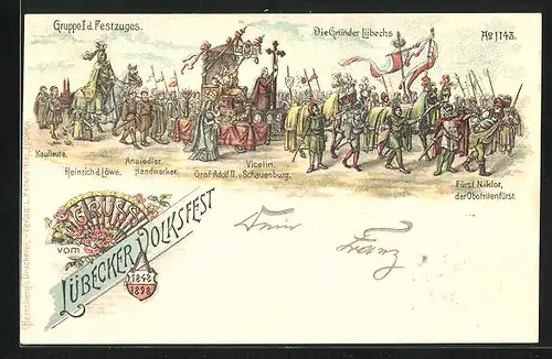 Lithographie Lübeck, Lübecker Volksfest 1848-1898, Gruppe I d. Festzuges, Die Gründer Lübecks, Kaufleute