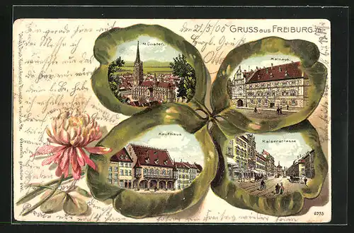 Passepartout-Lithographie Freiburg, Kaiserstrasse mit Geschäft, Münster u. Rathaus im Kleeblatt