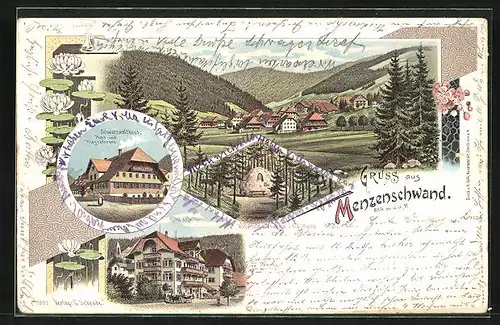 Lithographie Menzenschwand, Hôtel u. Kurhaus, Schwarzwaldhaus, Winterhalder Denkmal i. d. Schlucht