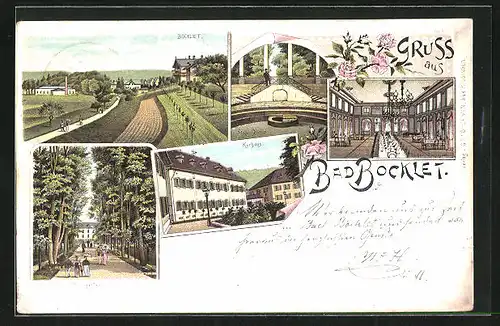 Lithographie Bad Bocklet, Kurhaus, Inneres Speisesaal, Kurgarten