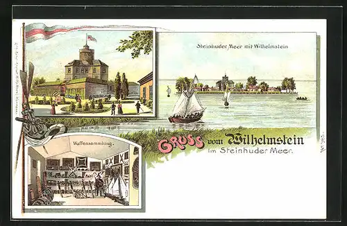 Lithographie Wilhelmstein im Steinhuder Meer, Hotel, Steinhuder Meer mit Teilansicht, Waffensammlung