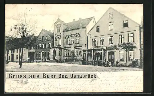 AK Buer /Bez. Osnabrück, Strassenpartie mit Kirche und Geschäft