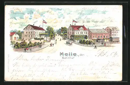 Lithographie Melle, Bahnhofs-Hôtel & Bahnhof