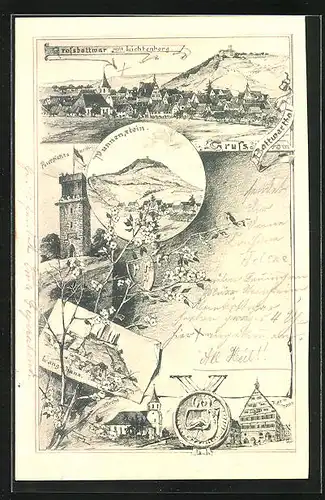 Lithographie Grossbottwar, Ortsansicht mit Lichtenberg, Punnenstein, Langhans, Rathaus, Kirche