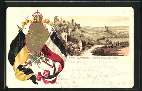 Passepartout-Lithographie Bad Koesen, Rudelsburg u. Saaleck, Portrait v. Bismarck