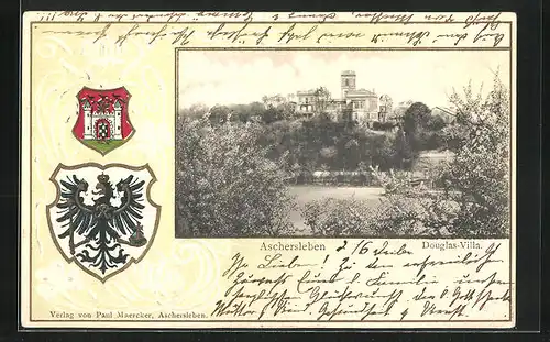 Passepartout-Lithographie Aschersleben, Douglas-Villa, Wappen