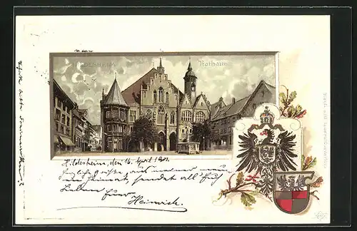 Passepartout-Lithographie Hildesheim, Rathaus, Wappen