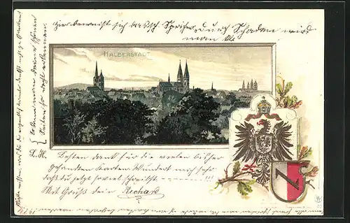 Passepartout-Lithographie Halberstadt, Panorama mit Kirchen, Wappen