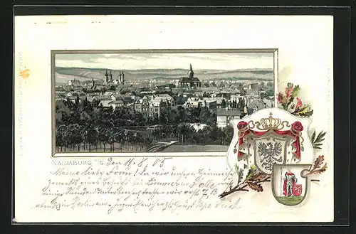 Passepartout-Lithographie Naumburg o. S., Panorama mit Kirche, Wappen