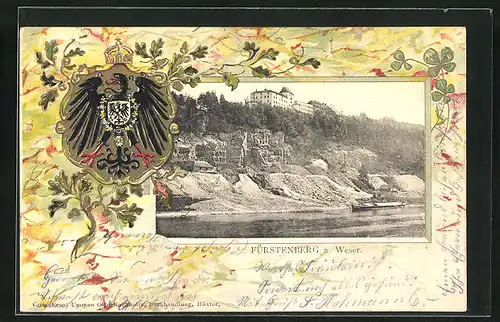 Passepartout-Lithographie Fürstenberg /Weser, Schloss mit Klippe, Wappen
