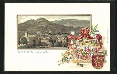 Passepartout-Lithographie Blankenburg /Schwarzathal, Totalansicht mit Gebirge, Wappen