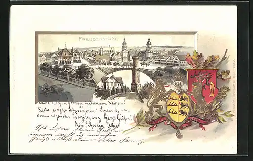 Passepartout-Lithographie Freudenstadt, Totalansicht, Gasthaus Friedrichshöhe, Wappen