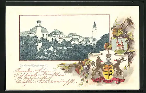 Passepartout-Lithographie Kirchberg / Iller, Panorama mit Turm, Wappen