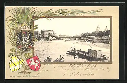 Passepartout-Lithographie Hameln, Fähre am Lachsfang, Wappen