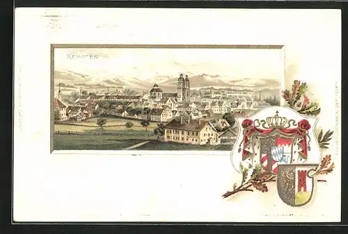 Passepartout-Lithographie Kempten, Panorama mit Kirche, Wappen