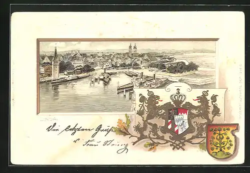 Passepartout-Lithographie Lindau, Ortsansicht aus der Vogelschau, Wappen