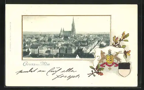 Passepartout-Lithographie Ulm, Panorama mit Münster, Wappen
