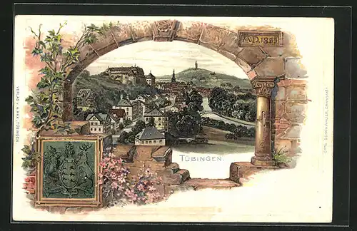 Passepartout-Lithographie Tübingen, Ortspartie aus der Vogelschau, Wappen