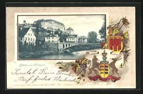Passepartout-Lithographie Tübingen, Brücke gegen Schloss, Wappen