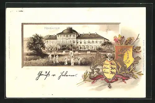 Passepartout-Lithographie Hohenheim, Schloss, Vorderseite, Wappen