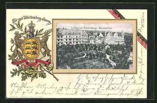 Passepartout-Lithographie Schömberg, Sanatorium aus der Vogelschau, Wappen