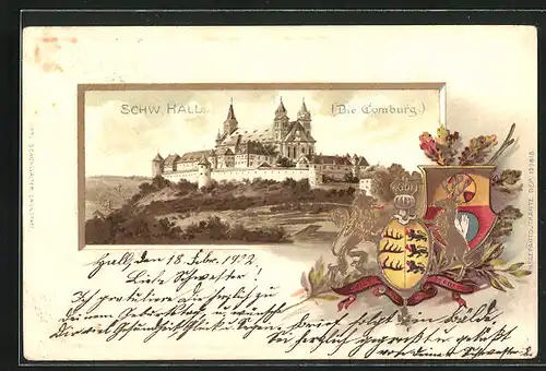 Passepartout-Lithographie Schwäbisch Hall, Die Comburg, Wappen
