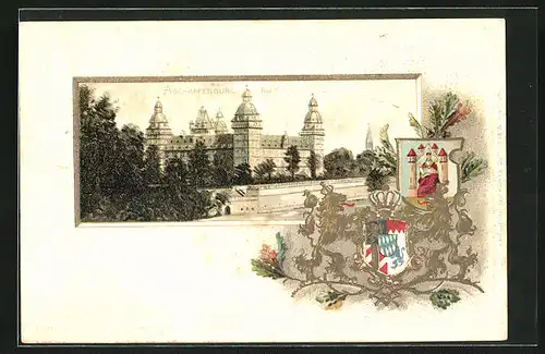 Passepartout-Lithographie Aschaffenburg, Kgl. Schloss, Wappen