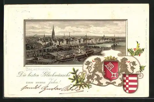 Passepartout-Lithographie Bremerhaven, Totalansicht mit Hafen, Wappen