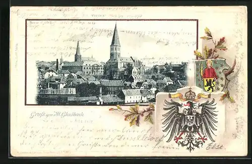 Passepartout-Lithographie Mönchengladbach, Panorama mit Kirche, Wappen