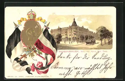 Passepartout-Lithographie Wilhelmshaven, Wall- Ecke König Strasse, Wappen