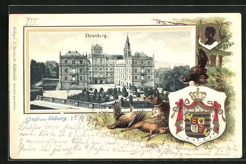 Passepartout-Lithographie Coburg, Ehrenburg, Wappen