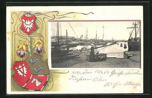Passepartout-Lithographie Kiel, Hafenpartie mit Schiffen, Wappen