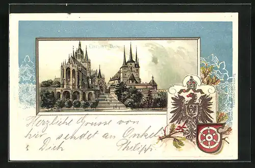 Passepartout-Lithographie Erfurt, Dom mit Treppenaufgang, Wappen