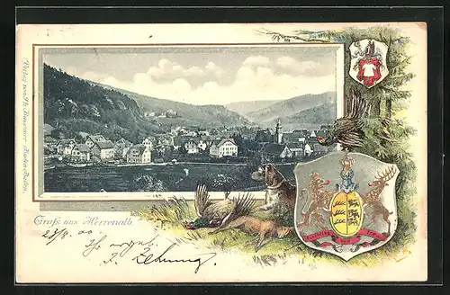 Passepartout-Lithographie Herrenalb, Panorama mit Gebirgszug, Wappen