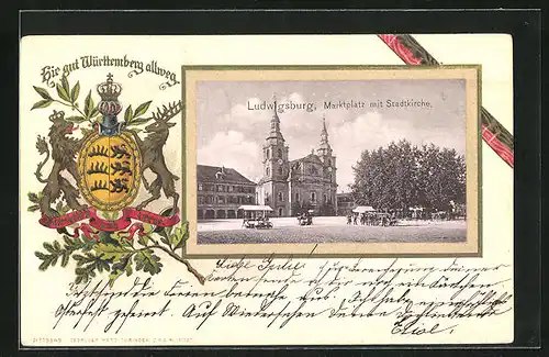 Passepartout-Lithographie Ludwigsburg, Marktplatz mit Stadtkirche, Wappen